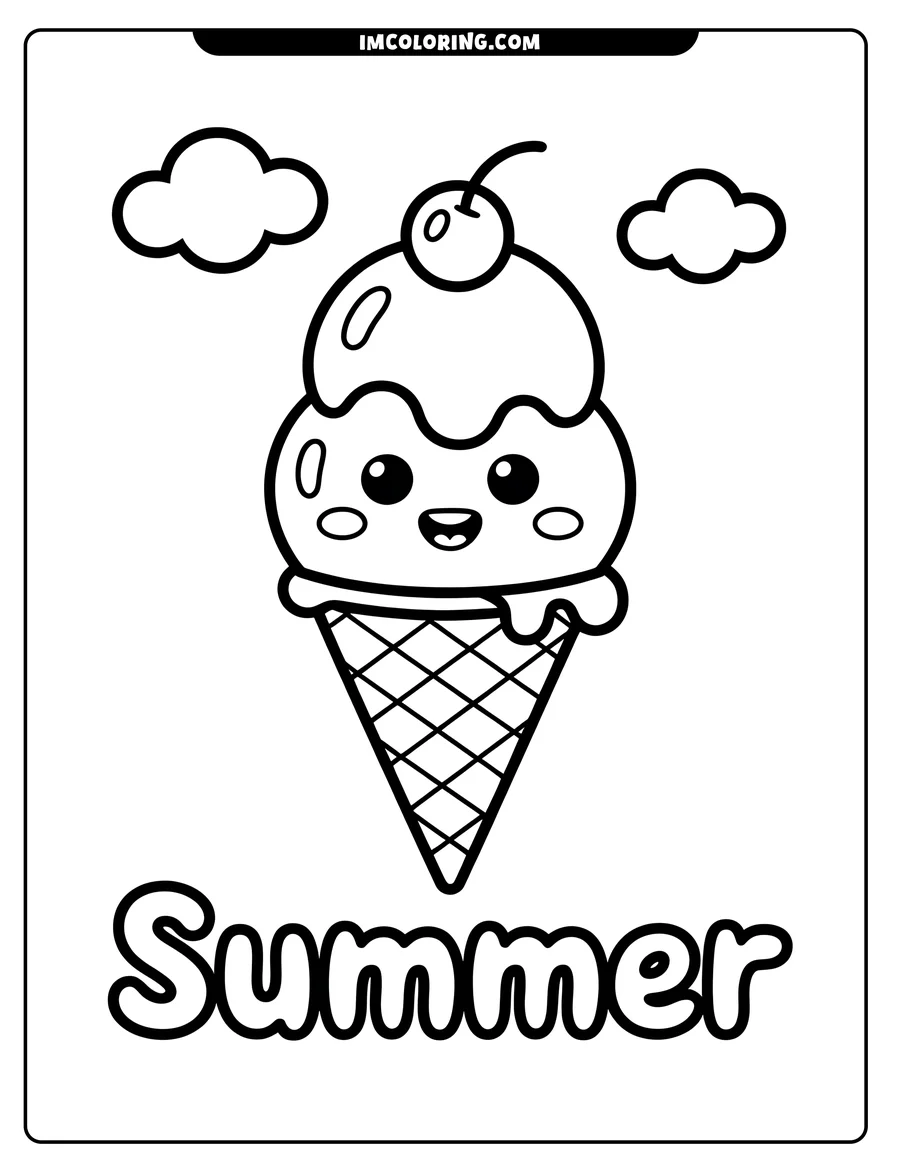 Outline of a cute ice cream cone with a cherry on top, placed between two clouds.