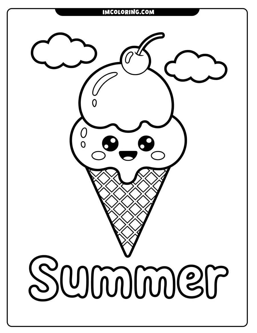 Simple line art of a happy ice cream cone with a cherry on top, floating between two clouds. Perfect for summer-themed coloring fun.