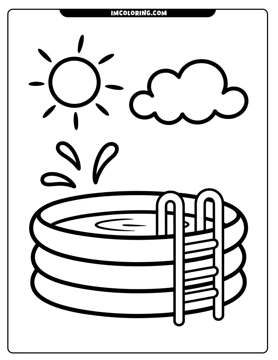Line art of an inflatable pool with a ladder. Water ripples are shown on the surface, with a sun and cloud overhead.