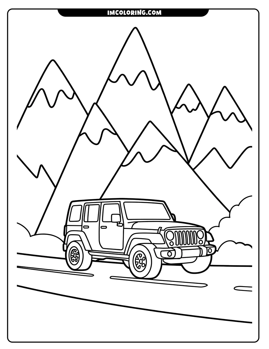 Outline of a Jeep driving on a road near a mountain range.