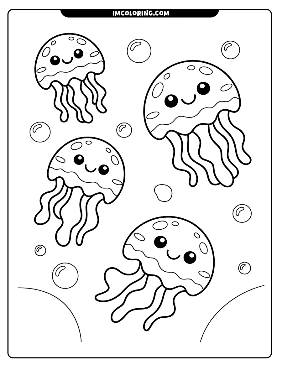 Four simple jellyfish with spots and smiling faces, floating among bubbles.