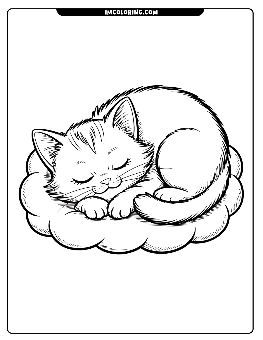 Outline of a small kitten napping soundly on a fluffy cloud, its paws tucked under its face.