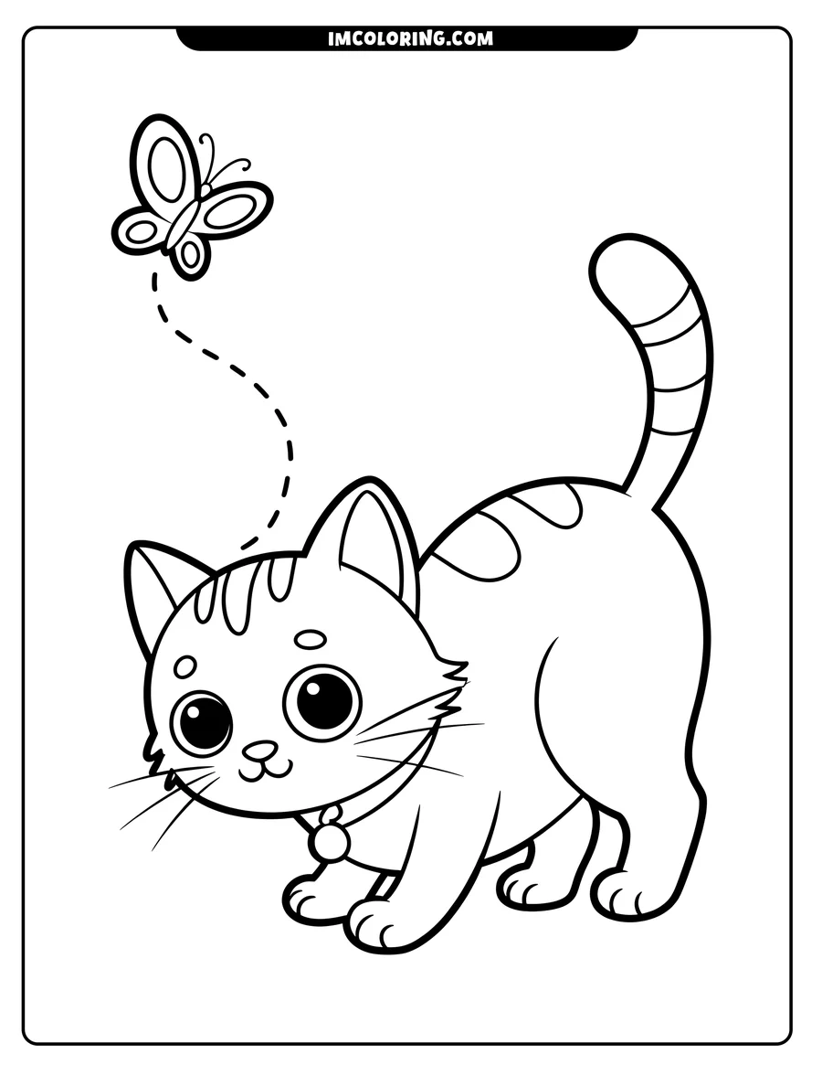 Outline of a playful kitten watching a butterfly. The kitten has a collar and tag, and the butterfly has patterned wings. A dotted line indicates the butterfly's flight path.