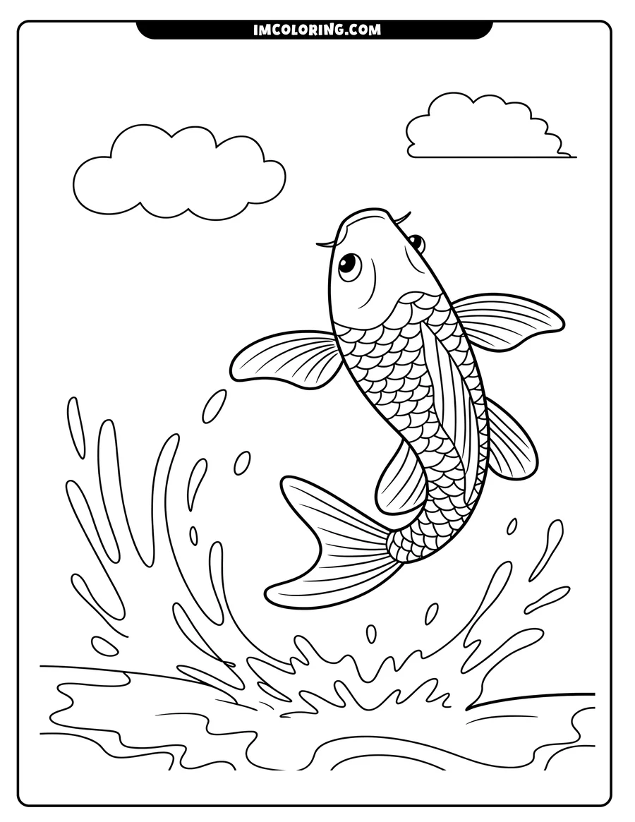 Line art of a koi fish jumping out of the water, creating splashes. Two clouds are visible in the sky.