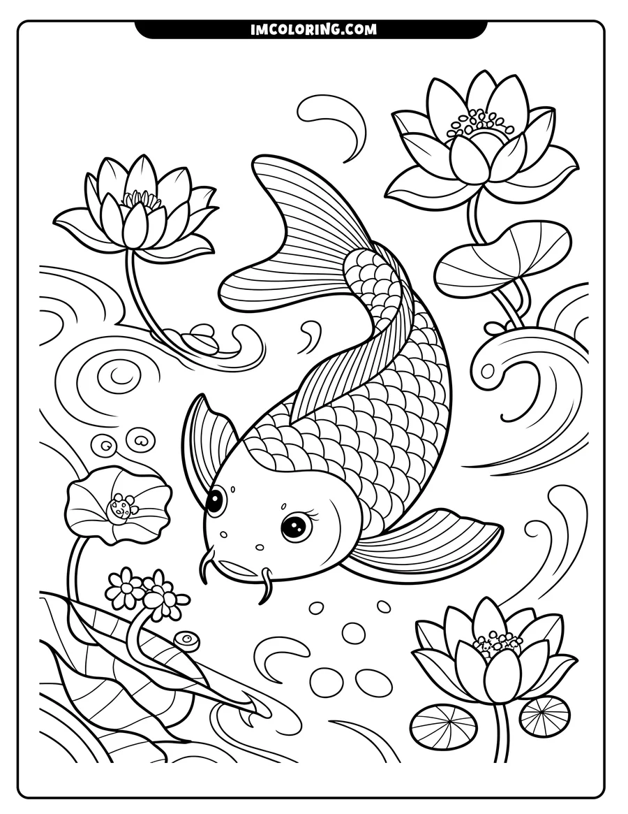 Line art of a koi fish swimming amongst water lilies and their pads. The fish has detailed scales and large eyes.