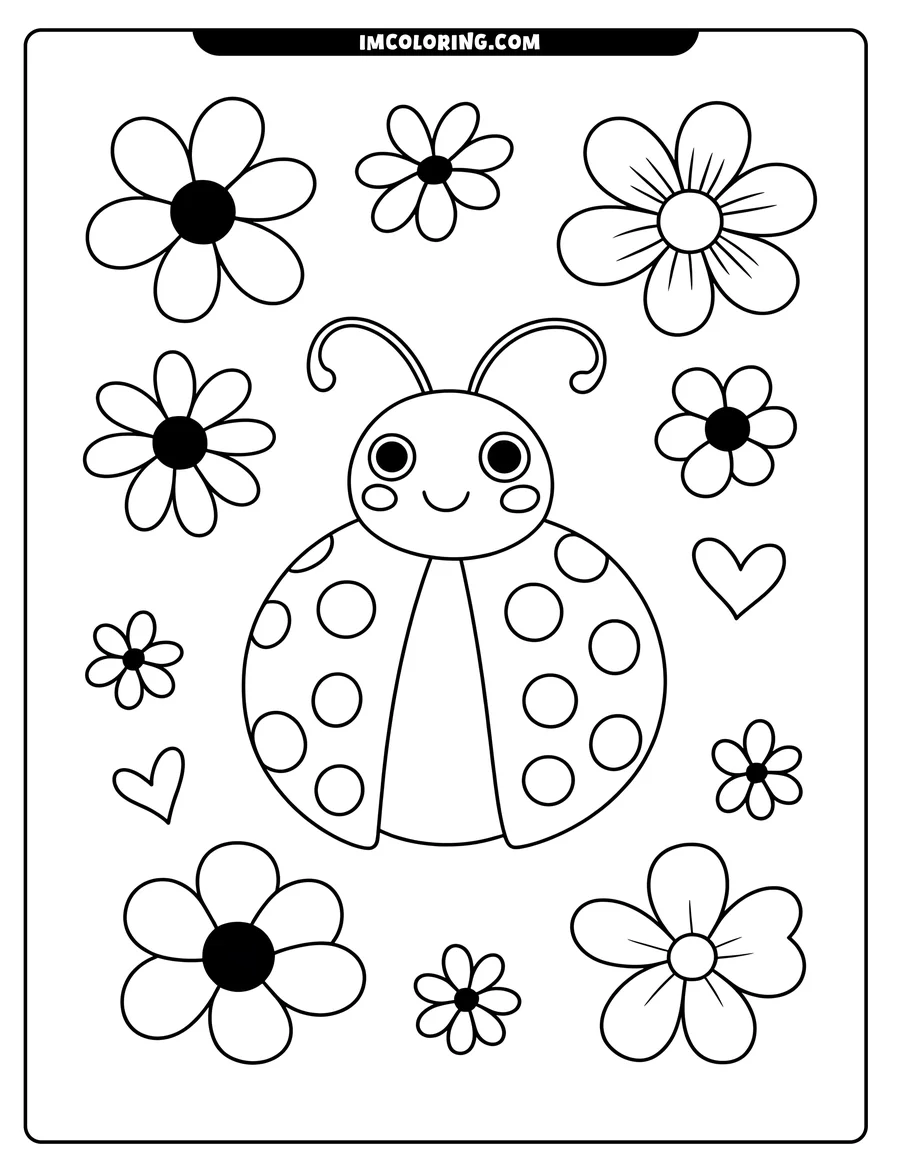 Outline of a cute ladybug with flowers and hearts.