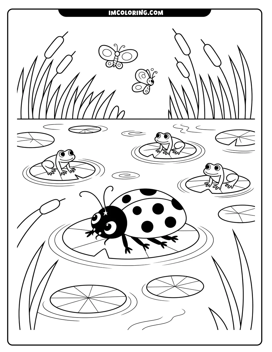 Outline of a ladybug and three frogs sitting on lily pads. Two butterflies fly near tall grass in the background.