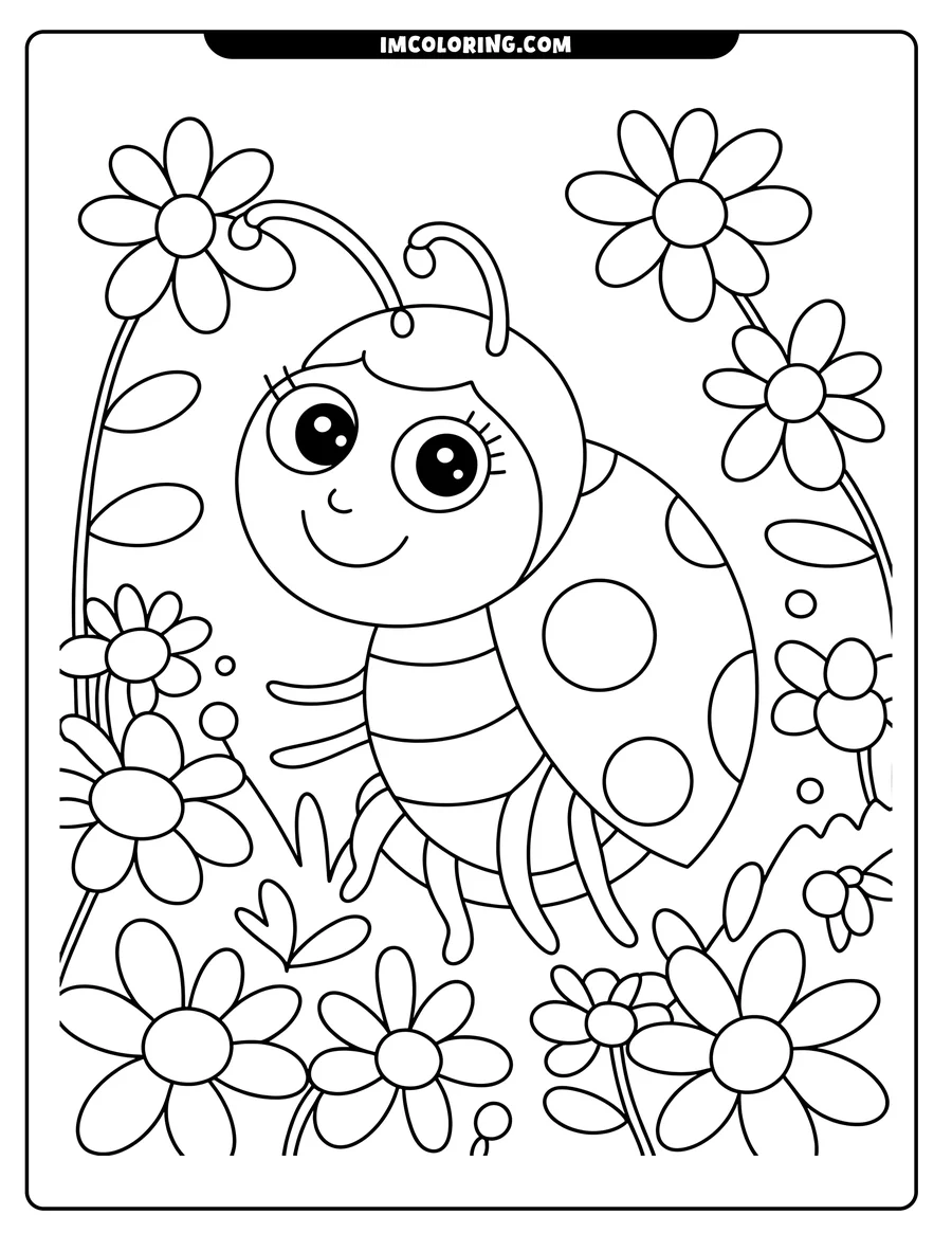 Outline of a ladybug with large eyes and a smile, sitting in a field of flowers.