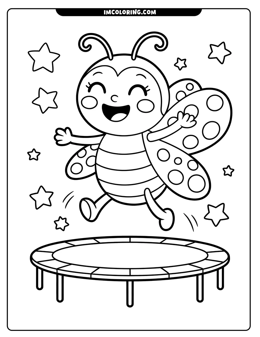 Line art of a happy ladybug jumping on a trampoline, surrounded by stars.