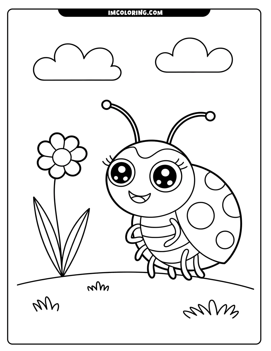 Outline of a cute ladybug near a simple flower. The ladybug has large eyes, a smile, and a spotted shell. The flower has multiple petals and two leaves.