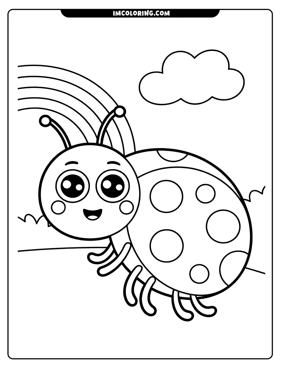 Outline of a smiling ladybug with a spotted shell near a rainbow and a fluffy cloud.