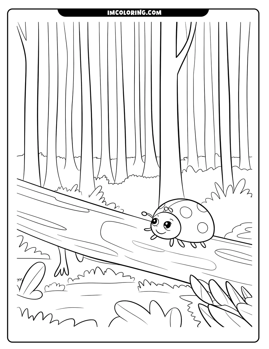 Outline of a ladybug walking on a log in a forest setting.