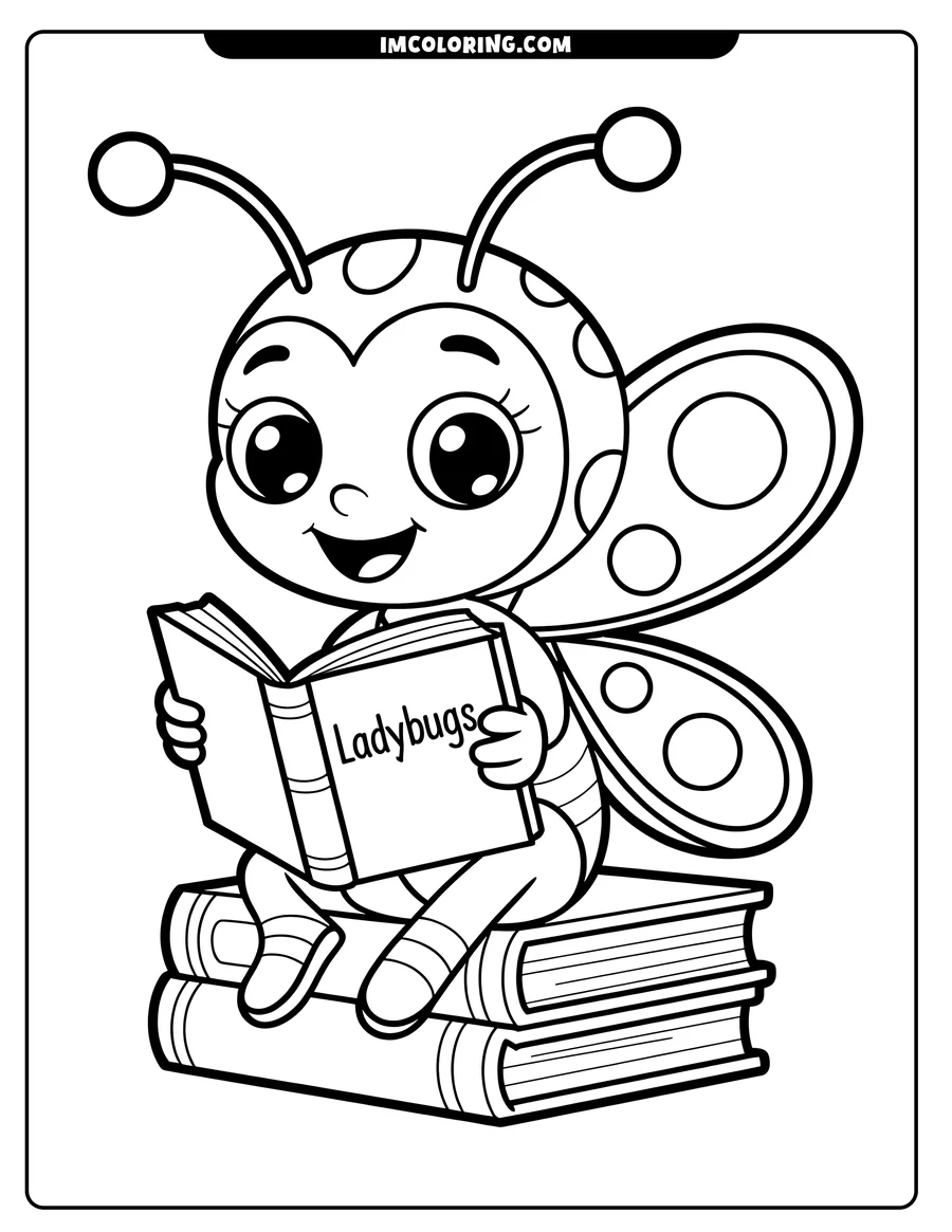 Line art of a ladybug sitting on a stack of books and reading.
