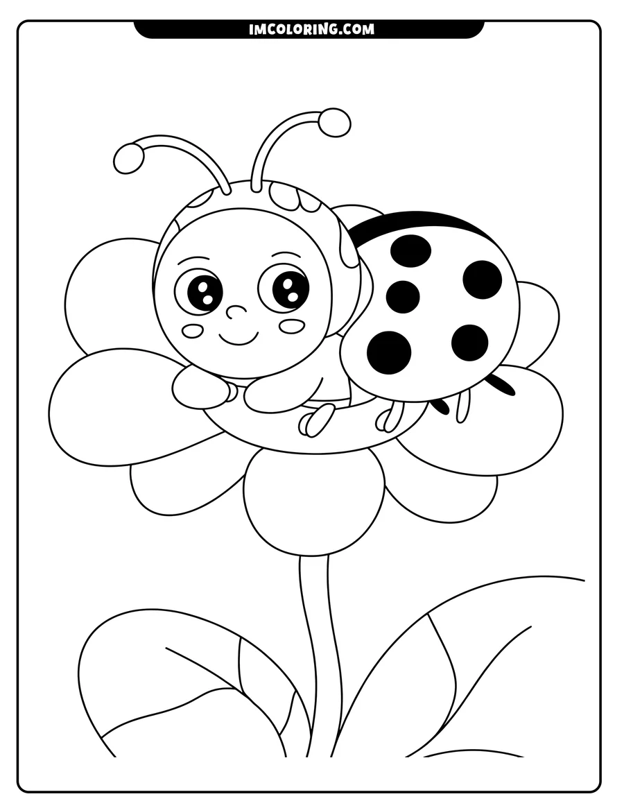 Outline of a cute ladybug resting on a flower, with large eyes and a smiling face. The flower has simple, rounded petals and two prominent leaves.