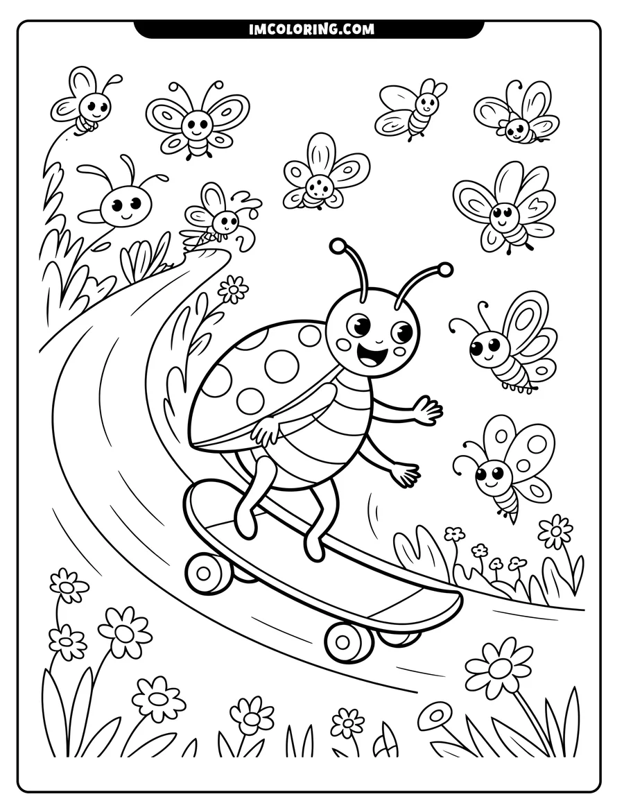 Outline of a ladybug riding a skateboard on a path, surrounded by butterflies and flowers.