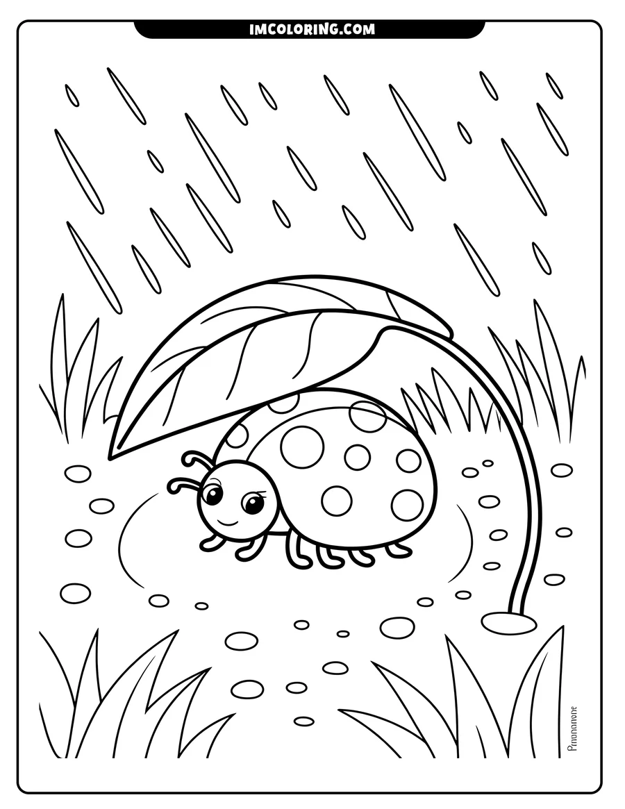 Outline of a ladybug sheltering under a leaf in the rain. Blades of grass and raindrops surround the ladybug.