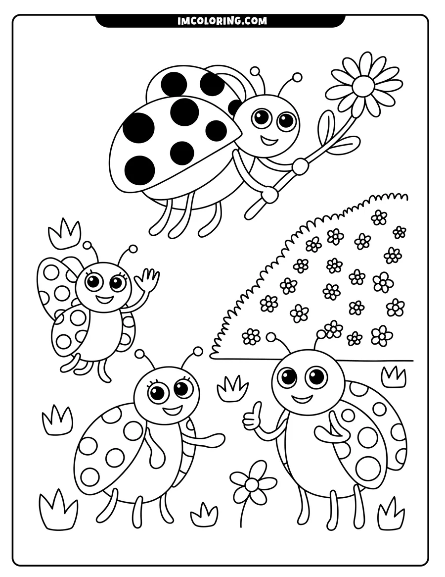 Four friendly ladybugs in a garden setting. One holds a daisy, one waves, and two are near grass and flowers. A patch of grass and additional flowers are visible in the background.