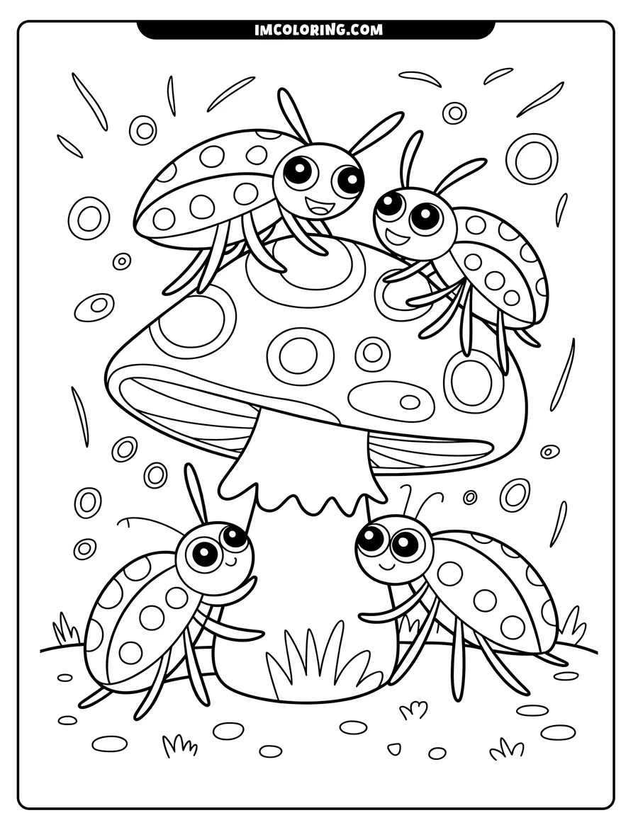 Outline of four ladybugs on and around a spotted mushroom.