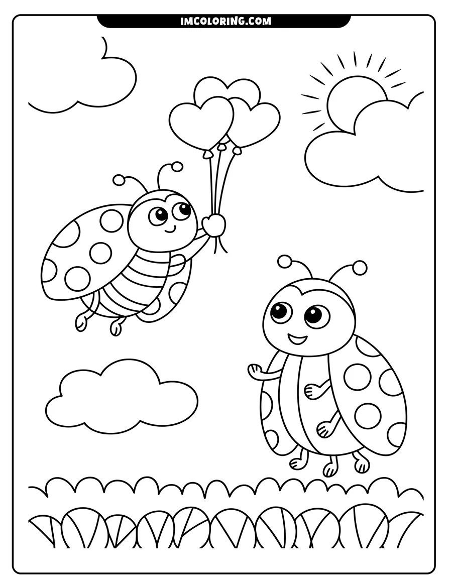 Two ladybugs float near some clouds. One ladybug holds heart balloons, while the other ladybug reaches out as if about to grab one of the balloons.
