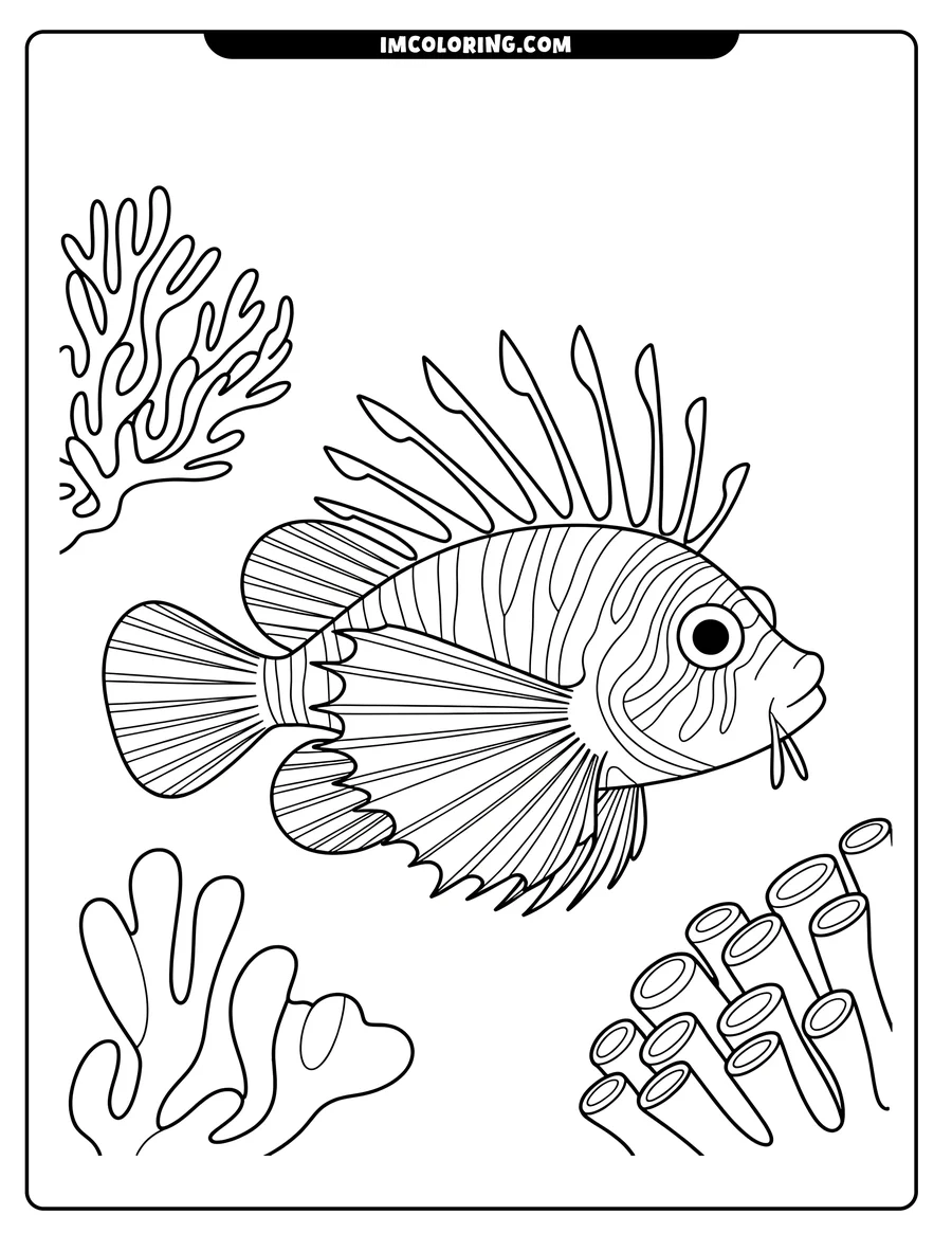 Line art of a lionfish with striped body and feathery fins, swimming near coral and seaweed.
