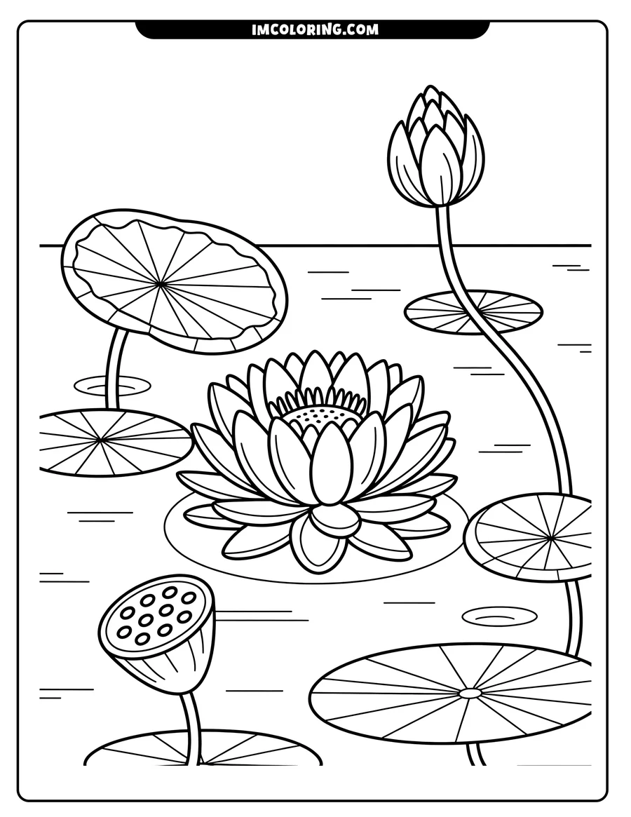 Outline of a lotus flower, bud, seed pod, and lily pads in a pond setting.