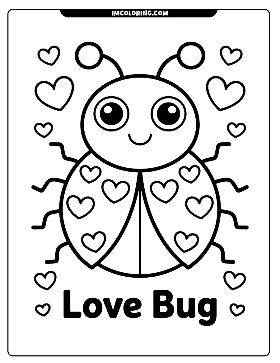 Outline of a love bug with hearts on its back and surrounding it.