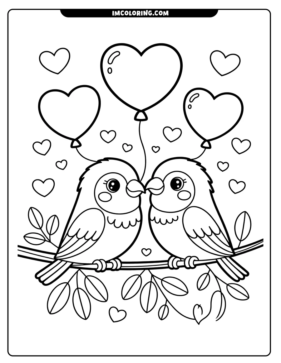 Two lovebirds sit close together on a branch, holding heart-shaped balloons. Small hearts and leaves decorate the scene.