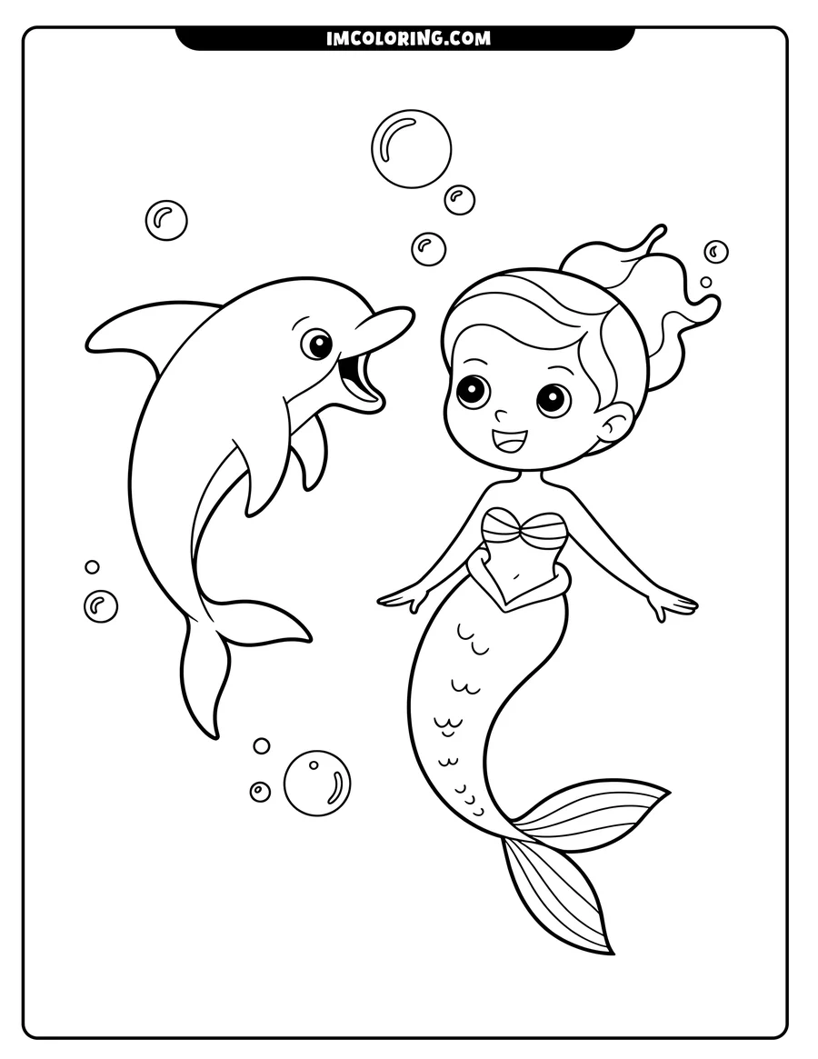 Line art of a mermaid and a dolphin. The mermaid has a long, wavy ponytail and a seashell bra. The dolphin jumps playfully nearby. Bubbles float around them.