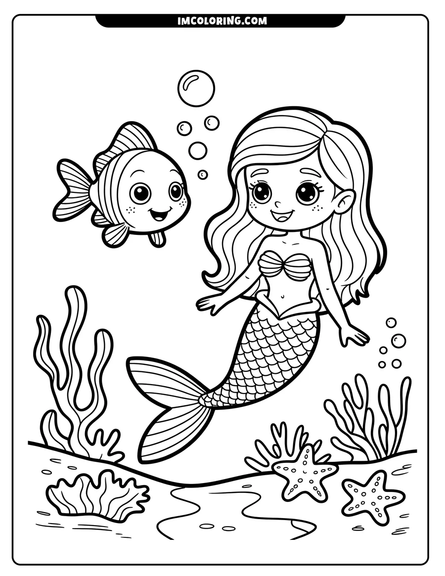 Line art of a mermaid swimming with a striped fish. Starfish sit on the seabed with seaweed surrounding them.