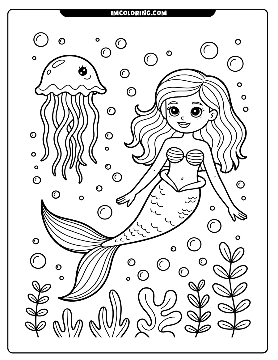 Line art of a mermaid swimming with a jellyfish. Seaweed and bubbles surround them.