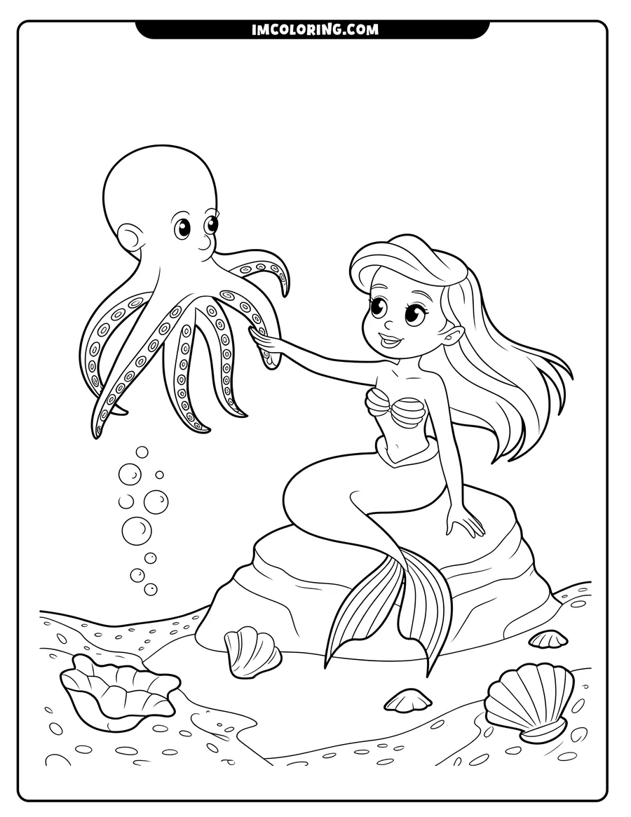 Line art of a mermaid sitting on a rock, reaching towards a friendly octopus underwater. Seashells and bubbles are scattered around the scene.