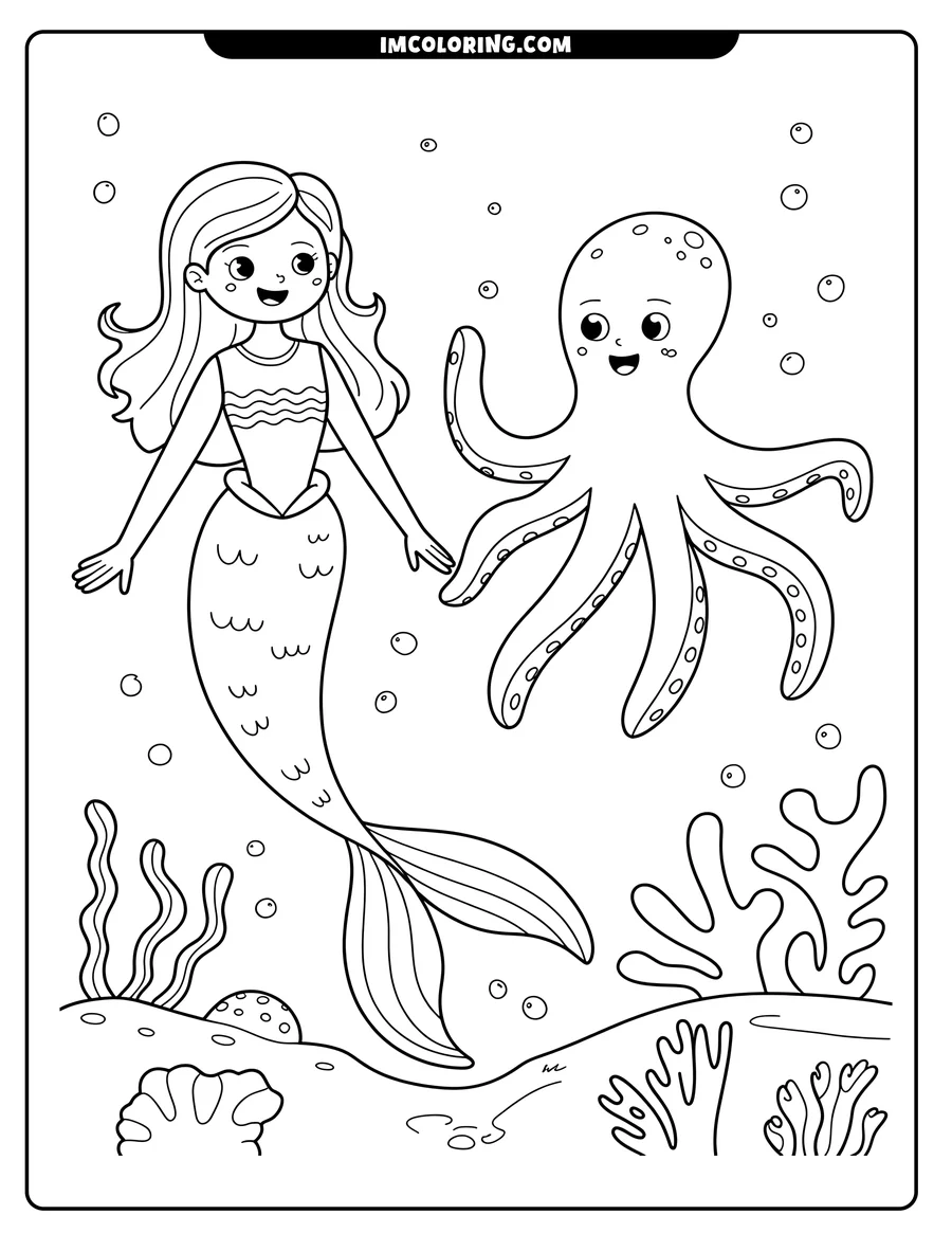 Line art of a mermaid with long hair and an octopus swimming underwater amongst seaweed, coral, and bubbles.