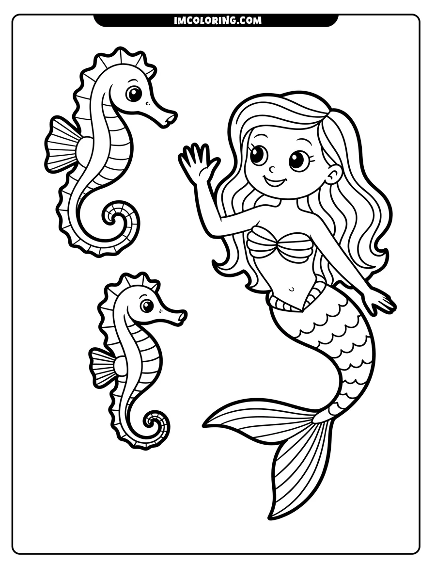 Line art of a mermaid waving, with two seahorses beside her.