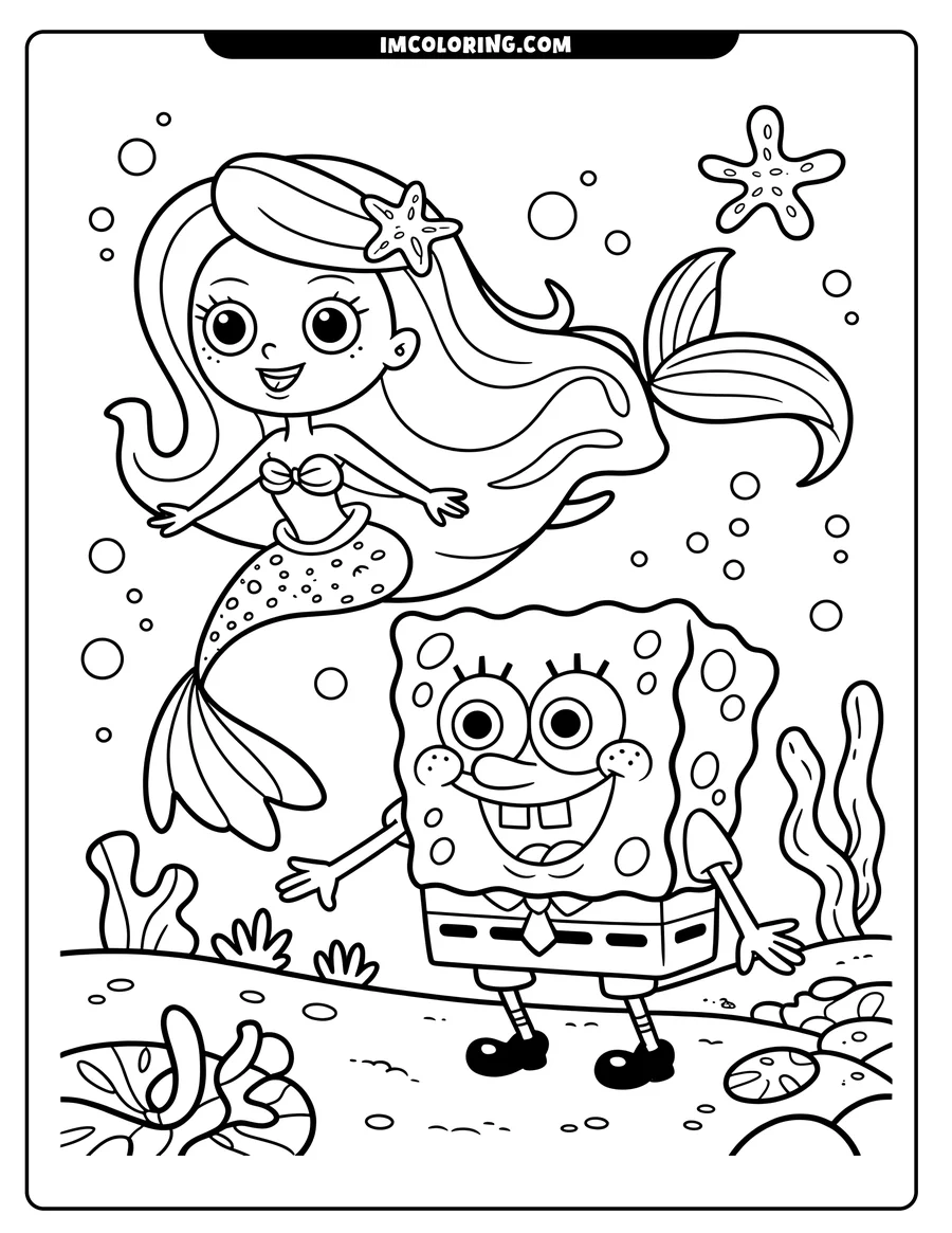 Line art of a mermaid and SpongeBob SquarePants underwater. The mermaid has a starfish in her hair, and SpongeBob is wearing his signature shirt and tie.