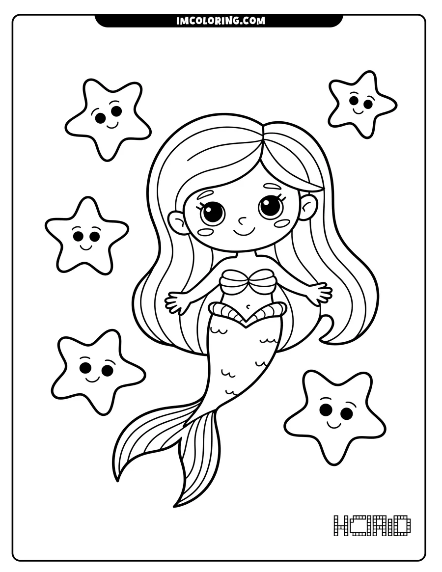 Outline of a mermaid with flowing hair surrounded by friendly starfish