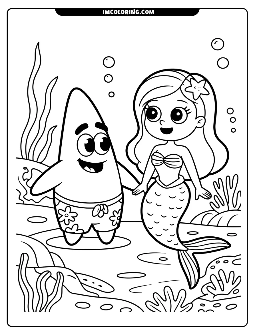 Line art of a mermaid and starfish holding hands underwater. The mermaid has a starfish in her hair, and the starfish wears patterned swim trunks. They are surrounded by seaweed, coral, and bubbles.