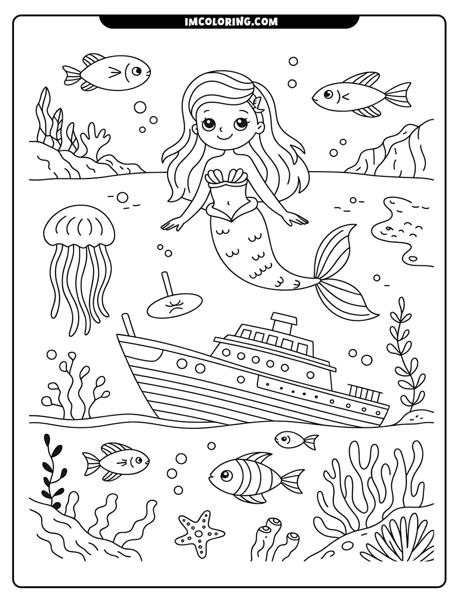 Outline of a mermaid swimming near a sunken ship on the ocean floor, with a jellyfish, fish, and sea plants surrounding them.