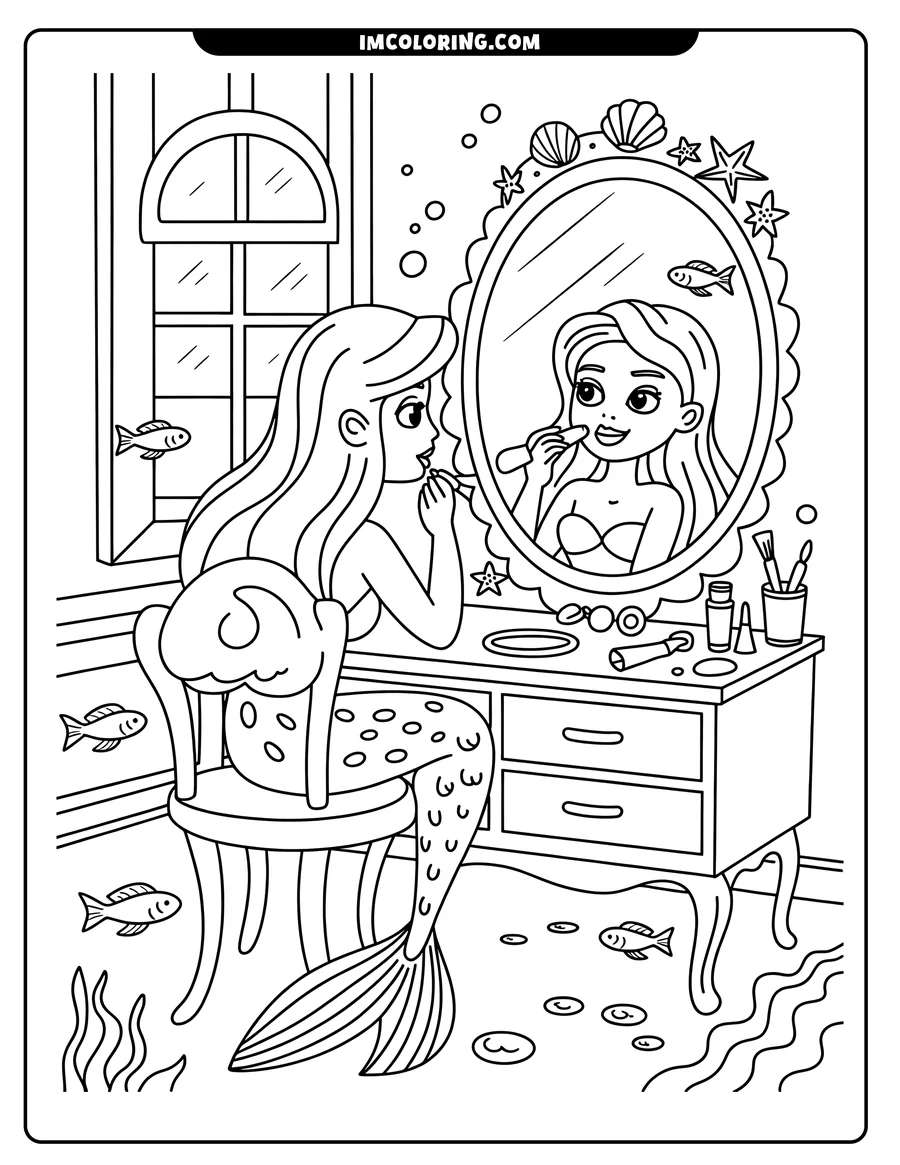 Outline of a mermaid sitting at a vanity, applying lipstick while looking in the mirror.