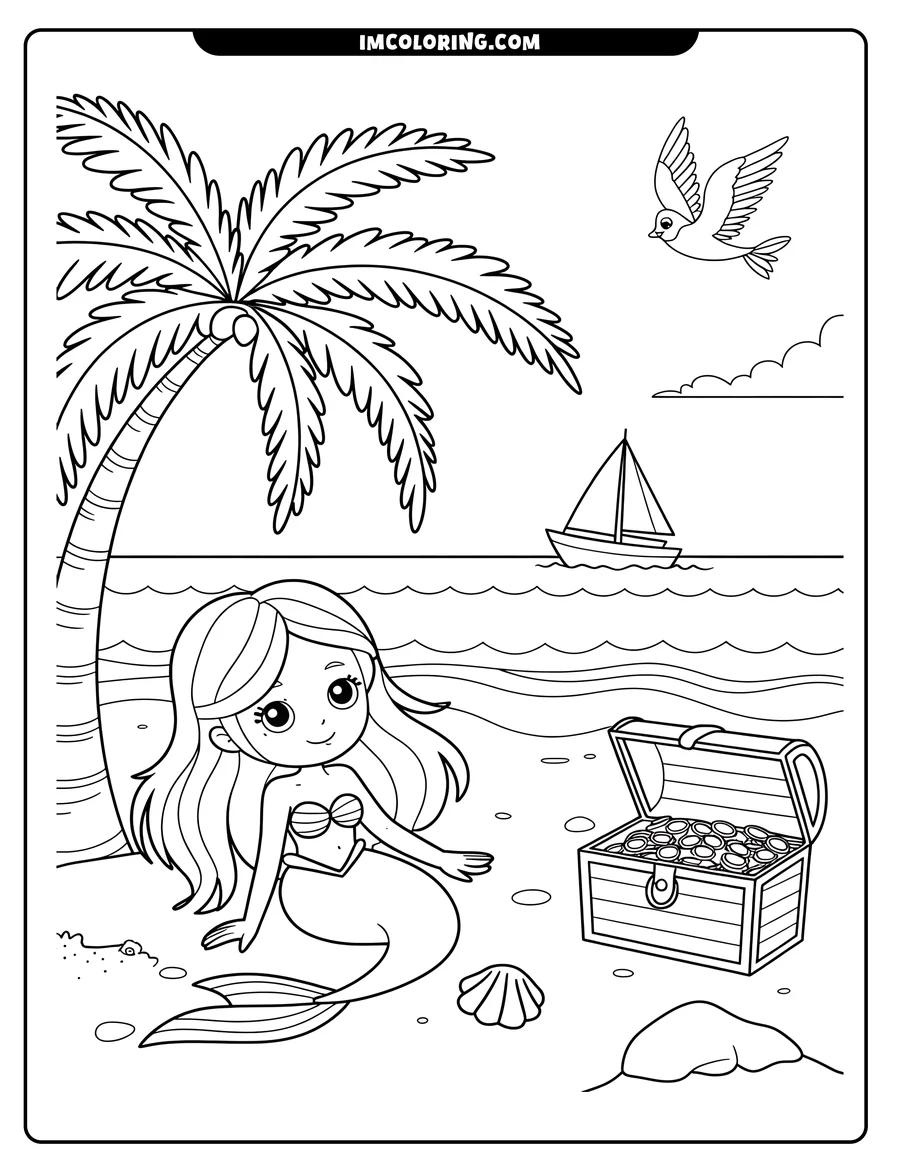 Line art of a mermaid sitting on a beach under a palm tree. A treasure chest, sailboat, and bird complete the scene.