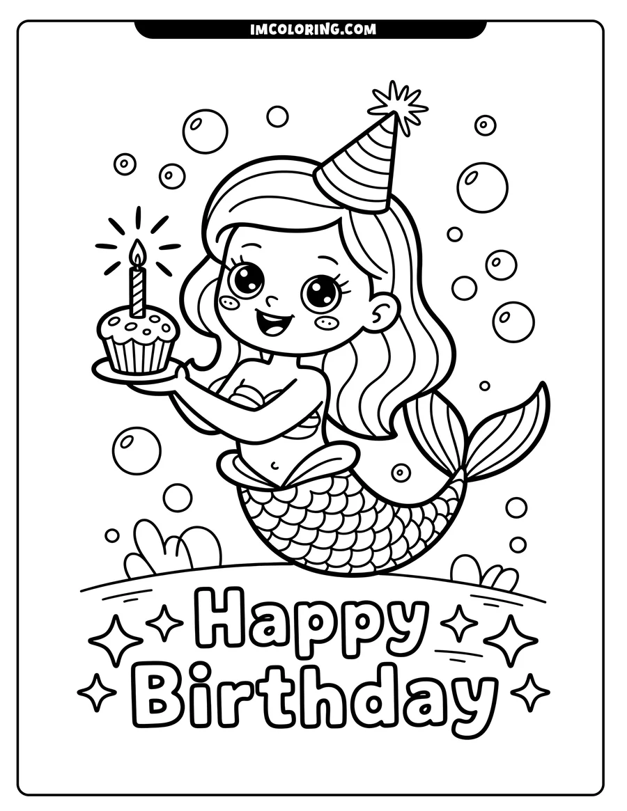 Outline of a smiling mermaid wearing a party hat and holding a cupcake with a lit candle. The words 'Happy Birthday' appear below her. Bubbles float around her in the water.