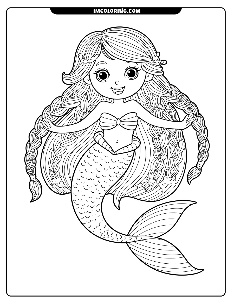 Outline of a smiling mermaid holding her long, braided hair. She wears a seashell top and has a detailed fishtail.