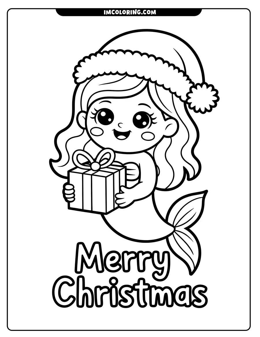 Outline of a smiling mermaid holding a wrapped Christmas gift, wearing a Santa hat. The text 'Merry Christmas' is written below.