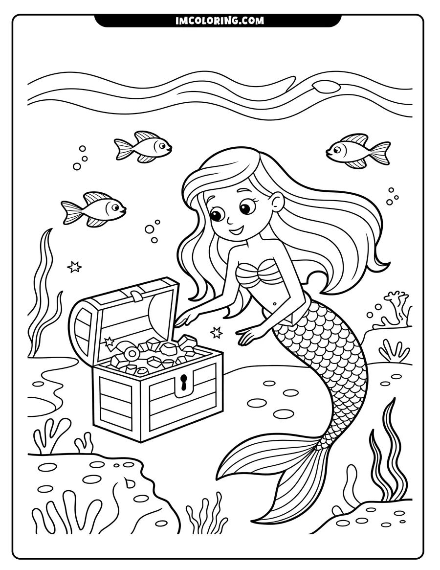 A cartoon mermaid with long hair and a seashell bra looks at an open treasure chest at the bottom of the ocean. Small fish swim near the surface.