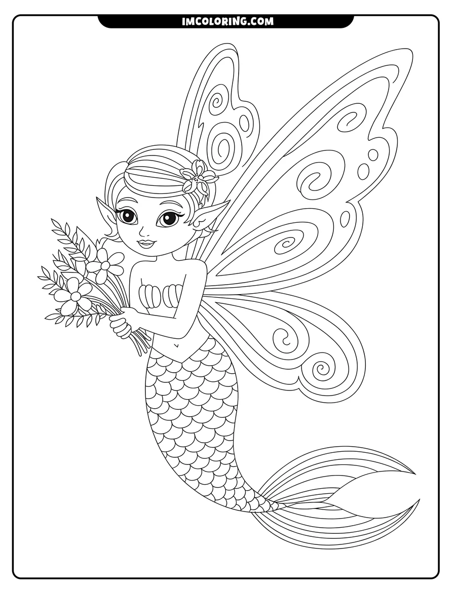 Outline of a mermaid fairy with large butterfly wings holding a bouquet of flowers. She has pointed ears, and a flower in her hair. Her tail has detailed scales.