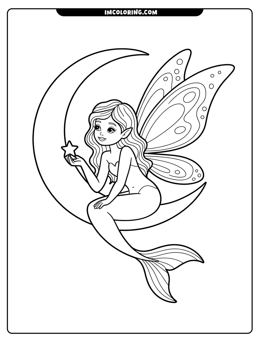 Line art of a mermaid fairy with wings sitting on a crescent moon and holding a star. She has long wavy hair and a peaceful expression.