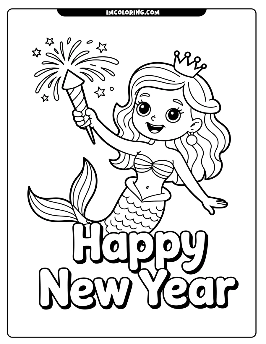 Outline of a mermaid princess holding a lit firecracker with the words 'Happy New Year' beneath