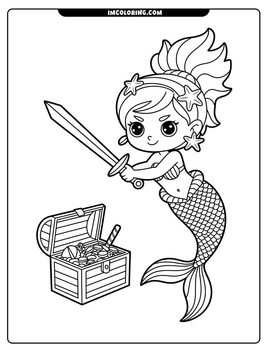 Outline of a mermaid holding a sword near an open treasure chest filled with gold coins and jewels. She has starfishes in her hair and a patterned tail.