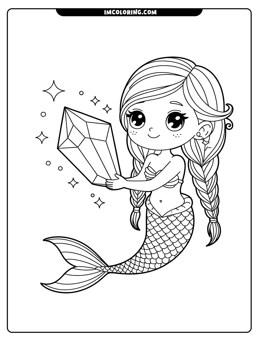 Line art of a mermaid with braided hair holding a large crystal. Stars twinkle around the crystal.