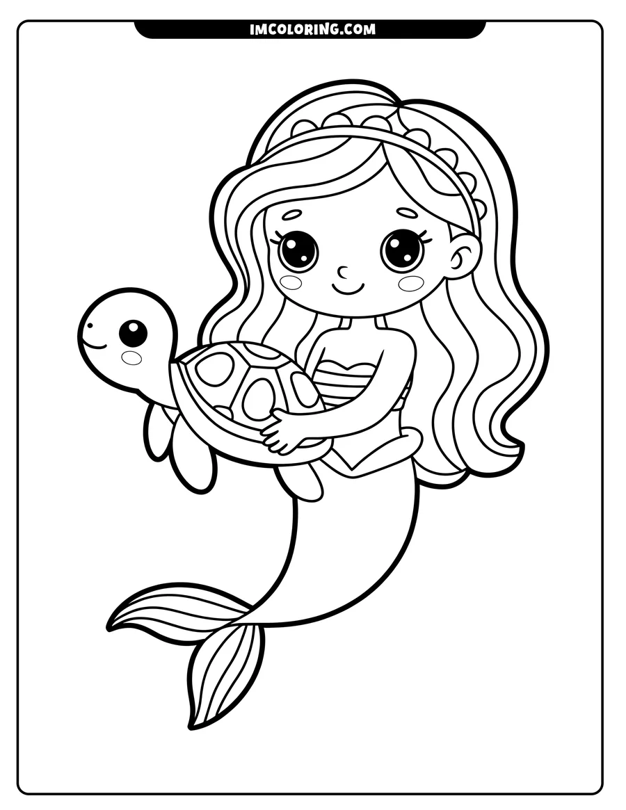 Outline of a mermaid gently holding a sea turtle. She wears a simple tiara and shell top.