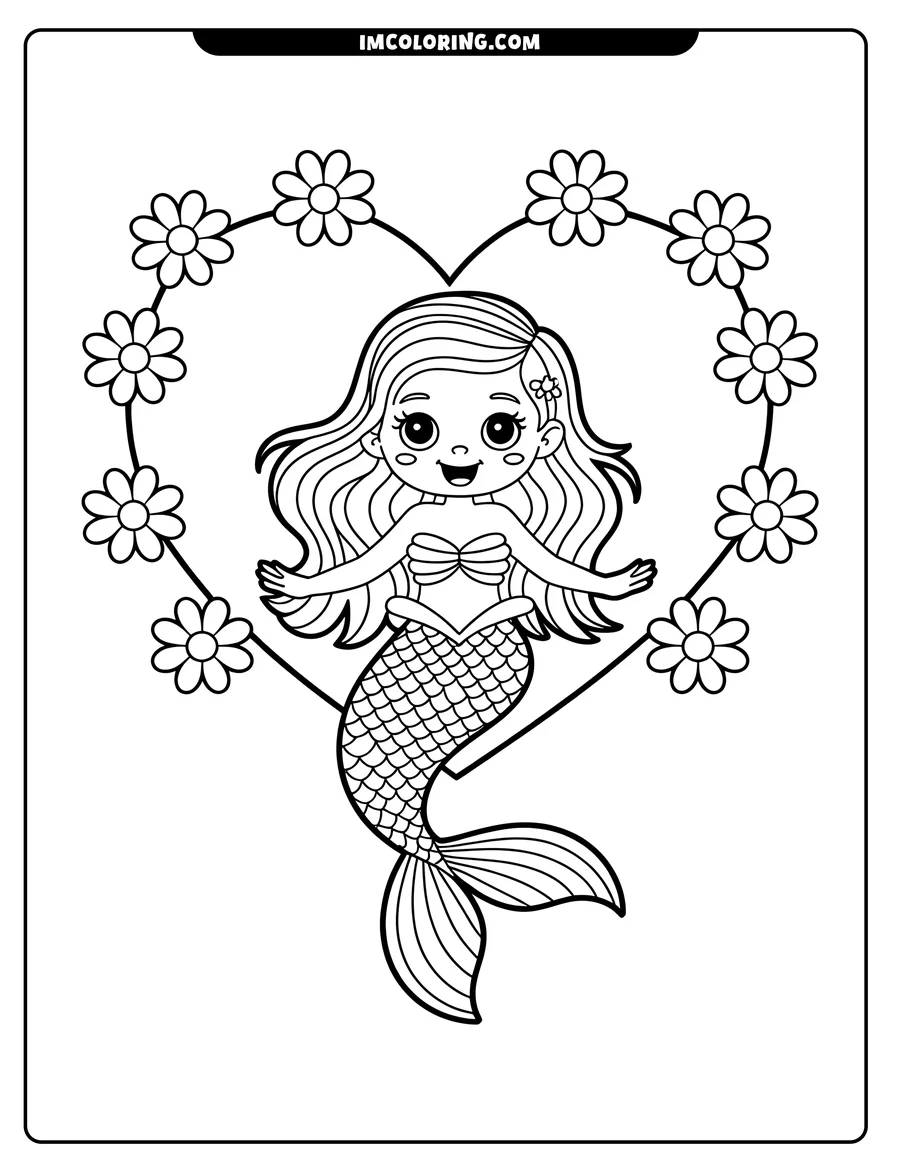 Outline of a smiling mermaid inside a heart-shaped floral frame. She has a seashell top and a flowing tail.